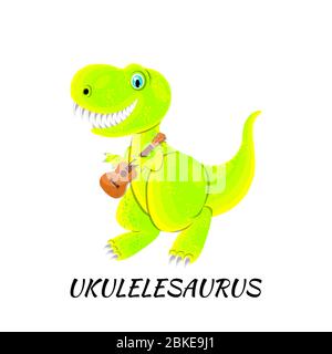 Dinosaurier Spielt Ukulele. Isoliert auf weiß. Vektorgrafik, flacher Stil. Lustiger Name - Ukulelesaurus Stock Vektor