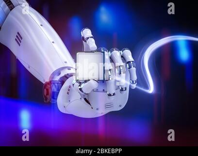 3d Rendering Cyborg Hand halten cpu-Chip Stockfoto