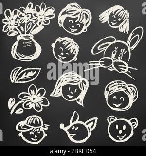 Zeichnungen von Kindern. Elemente für die Gestaltung von Postkarten, Hintergründen, Verpackungen. Kreide auf einer Tafel. Personen, Kinder, Hase, Bär, Fuchs, Blumen Stock Vektor