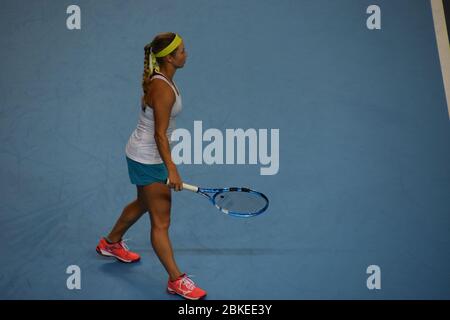 Yulia Putintseva aus Kasachstan in der Copper Box Arena, London, für den Frauen-Tennis Fed Cup. Großbritannien vs. Kasachstan Stockfoto