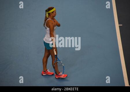 Yulia Putintseva aus Kasachstan in der Copper Box Arena, London, für den Frauen-Tennis Fed Cup. Großbritannien vs. Kasachstan Stockfoto