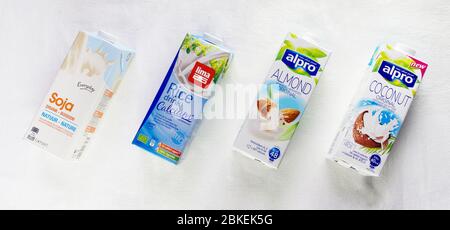 Inszenierung von vier Ziegeln von Gemüsemilch / Ersatz für Milch nicht-Milch : Soja, Reis, Mandel, Kokosnuss. Vielfalt an alternativen Melken n weißem Licht zurück Stockfoto