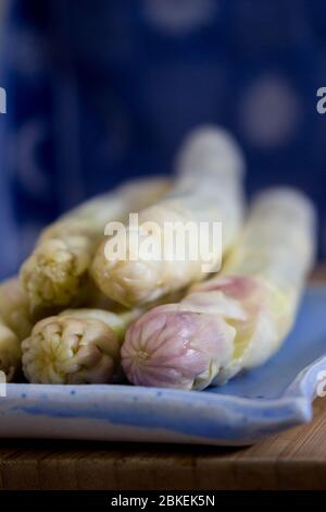 Nahaufnahme von weißem Spargel auf hellblauer Keramikplatte vor blauem Geschirrtuch Stockfoto