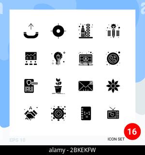 16 Universal Solid Glyph Zeichen Symbole der Bemühungen, Geschäft, Transport, Pfeil, Bleistift editierbar Vektor Design-Elemente Stock Vektor