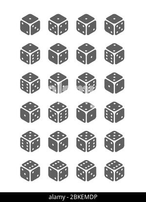 Satz von grauen Spielwürfeln isoliert auf weißem Hintergrund, alle möglichen Würfel dreht sich in isometrischer Ansicht Stock Vektor