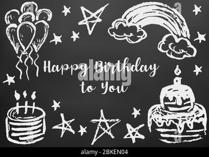 Alles gute zum Geburtstag. Grußkarte, Flyer, Banner. Kreide auf ein schwarzes Brett zeichnen. Kuchen, Kerzen, Sterne, Luftkugeln, Regenbogen Stock Vektor