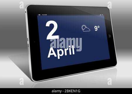 Ein Tablet-Computer zeigt einen Kalender in deutscher Sprache mit dem Datum 2. April an. April Stockfoto