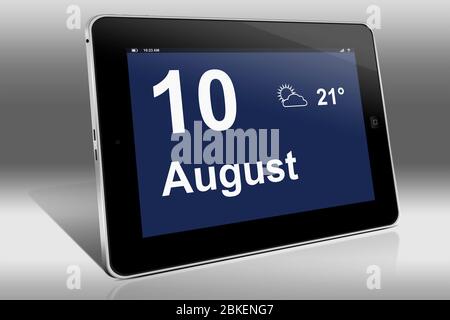 Ein Tablet-Computer zeigt einen Kalender in deutscher Sprache mit dem Datum 10. August an. Ein Tablet-Computer zeigt das Datum 10 an. August Stockfoto