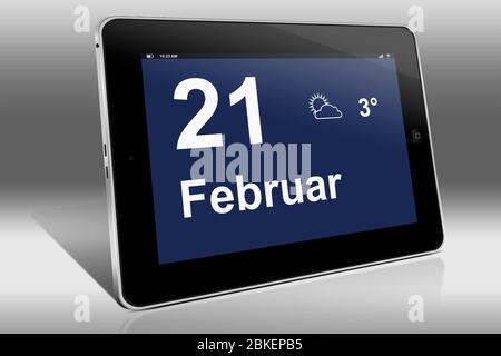 Ein Tablet-Computer zeigt einen Kalender in deutscher Sprache mit dem Datum 21. Februar an. Ein Tablet-Computer zeigt das Datum 21. Februar Stockfoto