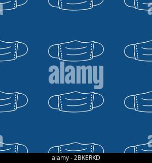 Hand gezeichnete Doodle weiße medizinische Gesichtsmasken auf blauem Hintergrund. Nahtloses Muster auf medizinische Konzept. Vektorgrafik. Stock Vektor