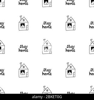 Nahtloses Muster mit Stay Home Schriftzug und Doodle House. Isoliert auf weißem Hintergrund. Vektorgrafik. Stock Vektor