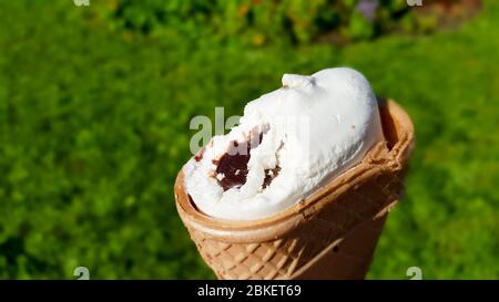 Eis in einer Waffelschale mit Schokoladenfüllung beißen. Im Sommer weißes Eis mit Karamell auf grünem Gras beißen. Stockfoto