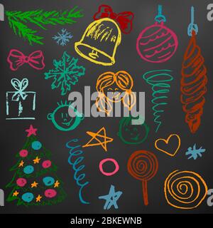 Neujahr 2019. Neues Jahr: Ein Set an Elementen für Ihre Kreativität. Kinderzeichnungen Wachsmalstifte auf schwarzem Hintergrund. Schneeflocken, Geschenke, Süßigkeiten, Bogen, C Stock Vektor