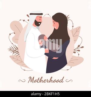 Traditionelle muslimische Familie, Mutterschaft und Geburt von Kindern in arabischen Paar. Frau in Hijab und Nationaltracht mit ihrem Mann und Baby. Flacher Vektor Stock Vektor