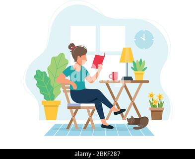 Konzept „Bleib zu Hause“. Frau, die ein Buch in gemütlicher, moderner Einrichtung liest. Vektorgrafik im flachen Stil Stock Vektor