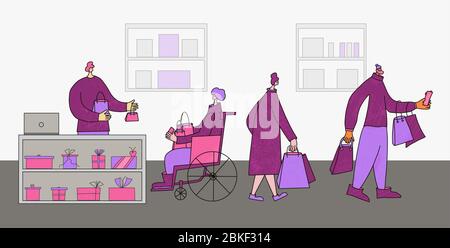 Geschenkeladen. Person im Rollstuhl, die ein Geschenk mitführt und mit Kreditkarte bezahlen will. Zwei Charaktere mit Einkaufstaschen nach Hause gehen. Verkaufskonzept. Ve Stock Vektor