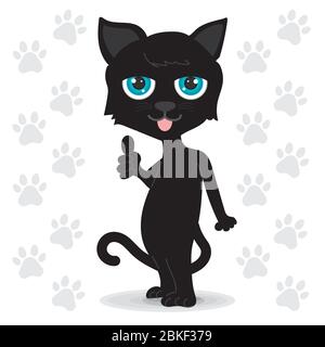 Schwarze Katze mit blauen Augen stehend. Es machte wunderbar symbolische Hände. Weißer Hintergrund mit grauen Katzenfußabdrücken. Clipart Grafik für Online oder Print. Stock Vektor