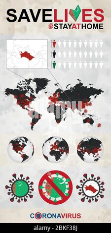 Infografik über Coronavirus in Turkmenistan - zu Hause bleiben, Leben retten. Flagge und Karte Turkmenistans, Weltkarte mit COVID-19 Fällen. Stock Vektor