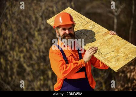 Holzwerkstoff. Faserplatten im Wohn- und Geschäftsbau. Gerüste einrichten. Montieren Sie temporäre Geräte oder Strukturen. Renovierungsservice. Mann trägt Faserplatte. Stockfoto