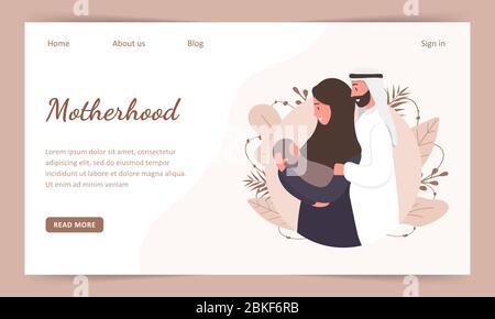 Traditionelle muslimische Familie, Mutterschaft und Geburt von Kindern in arabischen Paar. Vorlage für Landing Page. Frau in Hijab und Nationaltracht mit ihrem Mann und Stock Vektor