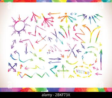 Handgezeichnete Pfeilsymbole gesetzt. Set von bunten Aquarell Pfeile isoliert auf weißem Hintergrund. Stock Vektor