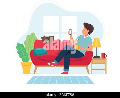 Konzept „Bleib zu Hause“. Mann auf Sofa mit Smartphone in gemütlicher, moderner Einrichtung. Vektorgrafik im flachen Stil Stock Vektor