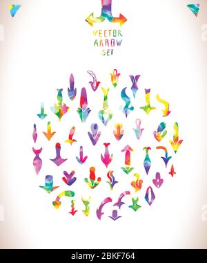 Handgezeichnete Pfeilsymbole gesetzt. Set von bunten Aquarell Pfeile isoliert auf weißem Hintergrund. Stock Vektor