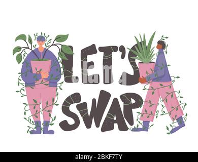 Lässt Emblem tauschen. Pflanzenliebhaber mit Zimmerpflanzen und stilisiertem Text. Blumenhändler umgeben von Topfblumen. Zwei Gärtner und Zimmerpflanzen isolat Stock Vektor