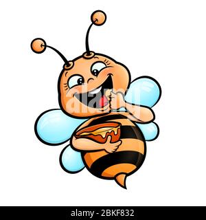 Honigbiene. Vektor-Cartoon Clipart von einem glücklichen Fett Honigbiene fliegen und Honig schmecken. Stock Vektor
