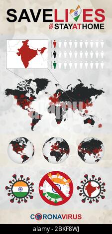 Infografik über Coronavirus in Indien - zu Hause bleiben, Leben retten. Flagge und Karte von Indien, Weltkarte mit COVID-19-Fällen. Stock Vektor