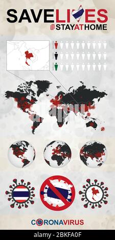 Infografik über Coronavirus in Thailand - zu Hause bleiben, Leben retten. Thailand Flagge und Karte, Weltkarte mit COVID-19 Fällen. Stock Vektor