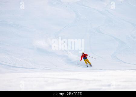 Wintersport, scharfe Bremsläufer, frischer Pulverschnee Stockfoto