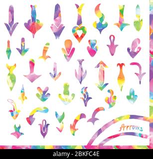 Pfeile auf weißem Hintergrund isoliert. Handgezeichnete Pfeilsymbole setzen die Regenbogenfarben-Kollektion. Stock Vektor