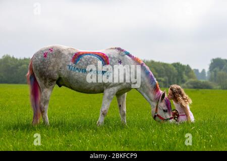 Bridgnorth, Shropshire, Großbritannien. Mai 2020. Die 8-jährige Amber Price aus Bridgnorth mit ihrem New Forest Pony, Bär. Bear wurde mit einem "Dankeschön" an den NHS mit spezieller Ponyfarbe bemalt. Quelle: Peter Lopeman/Alamy Live News Stockfoto