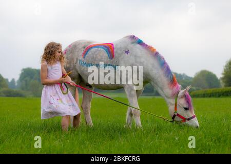 Bridgnorth, Shropshire, Großbritannien. Mai 2020. Die 8-jährige Amber Price aus Bridgnorth mit ihrem New Forest Pony, Bär. Bear wurde mit einem "Dankeschön" an den NHS mit spezieller Ponyfarbe bemalt. Quelle: Peter Lopeman/Alamy Live News Stockfoto