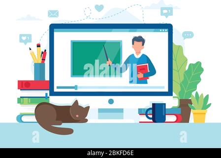 Online Learning Konzept. Bildschirm mit Lehrer und Tafel, Videolessung. Vektorgrafik im flachen Stil Stock Vektor