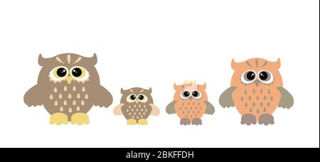 Set von Cartoon Eulen. Niedliche braune Eule Familie. Stock Vektor