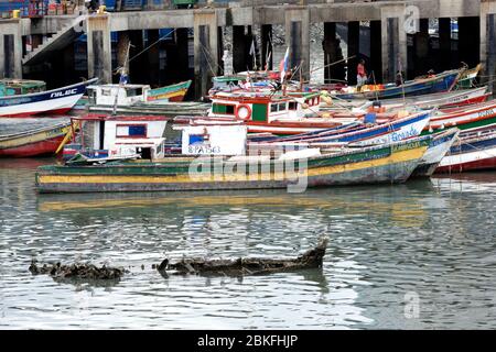 Fischerboote, die am Fischmarkt, Panama City, Panama, festgemacht sind Stockfoto