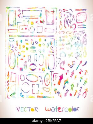 Handgezeichnete Pfeilsymbole gesetzt. Set von bunten Aquarell Pfeile isoliert auf weißem Hintergrund. Stock Vektor