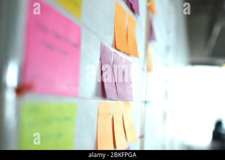 In verschiedenen Geschäftsarten werden agile Methoden populär. Die Aufgabe wird auf bunte Aufkleber geschrieben und auf das Brett geklebt. Stockfoto
