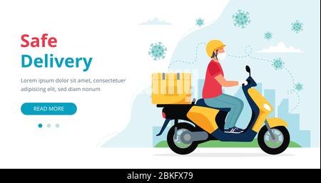 Sicheres Lieferkonzept, Roller Lieferservice Konzept, männlicher Kurier trägt Maske, Reiten Roller mit Lieferbox. Vektorgrafik in flach Stock Vektor
