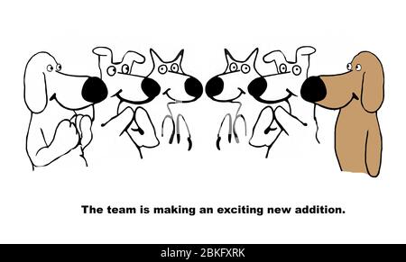 Cartoon von Hund Team Mitglieder applaudieren ihr neues Mitglied. Stockfoto