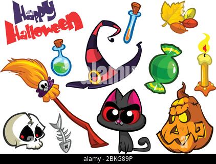 Cartoon-Satz von Halloween-Symbole. Hexenkatze, Kürbis, Totenkopf Sensenmann, Hexenhut, Zombie, Kerze, Fledermaus Stock Vektor