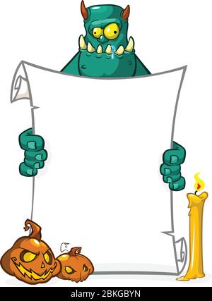 Cartoon Zombie hält Holzschild. Halloween Design Element für Banner, Postkarte, Poster. Abbildung. Stock Vektor