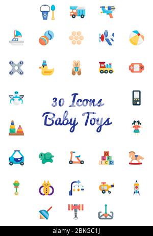 vektor-Illustration 30 Icons von Baby-Spielzeug-Set mit flachem Design-Stil Stock Vektor