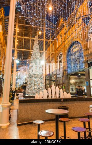 Brunnen und Weihnachtsbaum in der Einkaufspassage im Victoria Quarter in Leeds, West Yorkshire Stockfoto