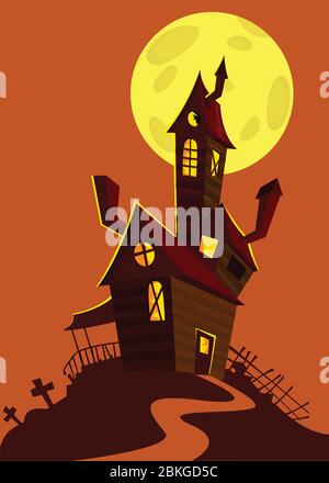 Unheimlich altes Spukhaus mit Geistern. Halloween Cartoon Hintergrund Illustration. Poster oder Einladungsplakat Design für Halloween-Party Stock Vektor