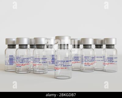 Gruppe von Impfstoffen Vials für COD-19 oder Coronavirus frontale Nahaufnahme im Studio mit weißem Hintergrund - 3d-Rendering-Konzept Stockfoto