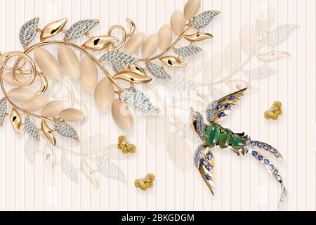 3d Wandbild Blumen Hintergrund mit Hirsch und Kreis Tapete für Wände. Mit goldenen Baumblumen und Schmuck Hintergrund. Stockfoto