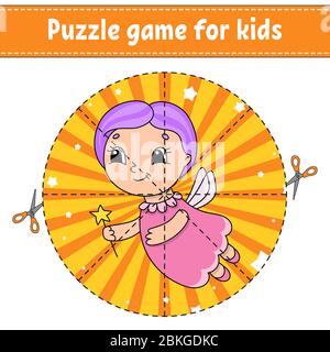 Schneiden und spielen. Runde Puzzle. Ältere Fee. Logik-Puzzle für Kinder. Aktivitätsseite. Schneidepraxis für Vorschule. Zeichentrickfigur. Stock Vektor